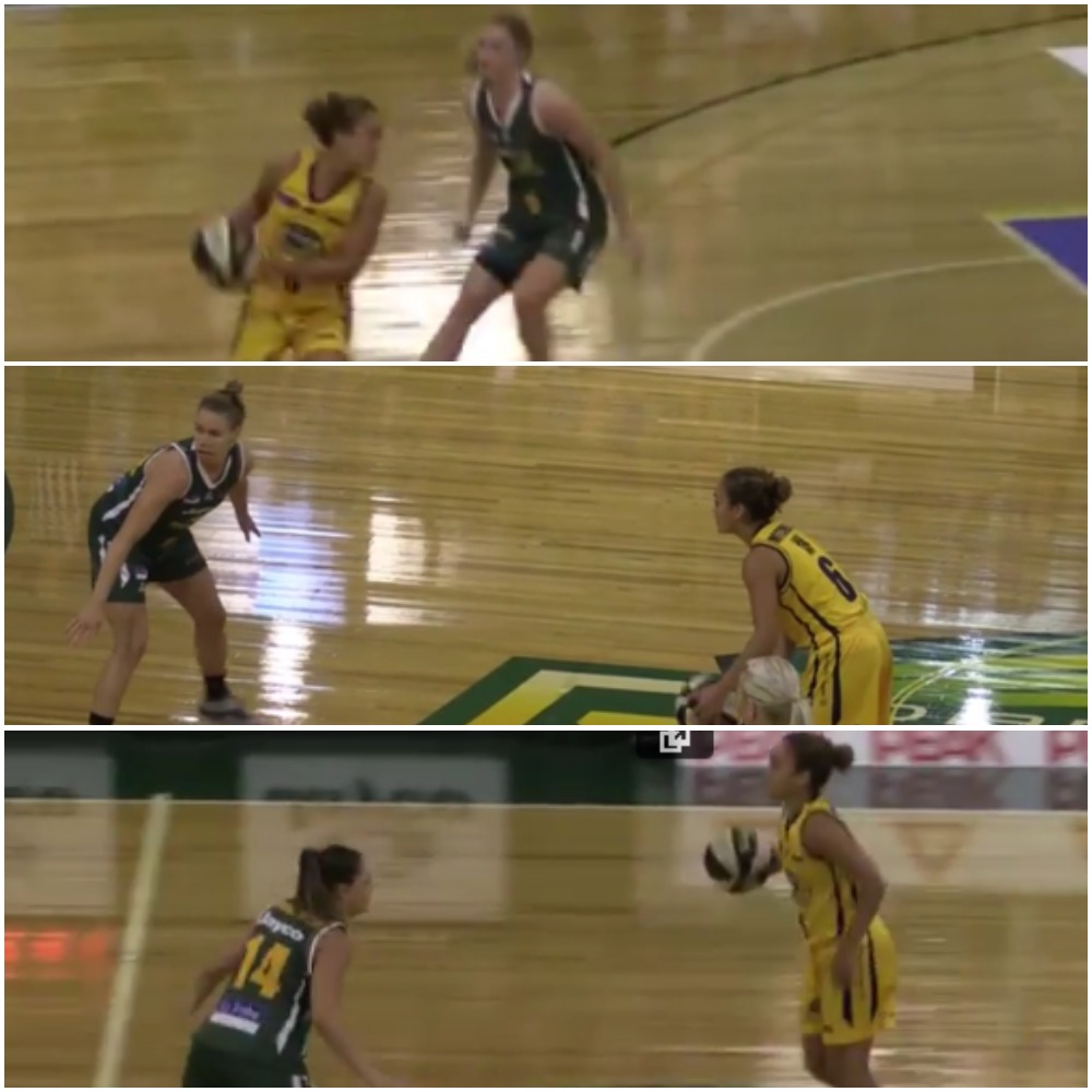 Dandenong had a switchy, versatile defence. In these stills from game 2 of the grand final series, Leilani Mitchell is guarded by (from top to bottom) Aimie Clydesdale, Natalie Novosel and Amelia Todhunter.&nbsp;