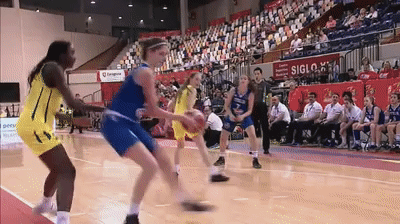 6'4 Ezi Magbegor is a prolific shot blocker. Here, she rejects Italian player Decortes in the U/17s World Championship final.
